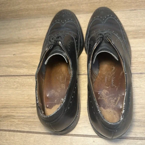 Vintage 70s Allen Edmonds Harwood Wingtip Oxford Black Pebbled Calf Shoes Sz 10A